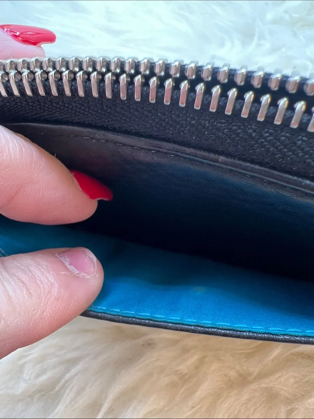Coach Black Leather Zip Wallet with Teal Stitching